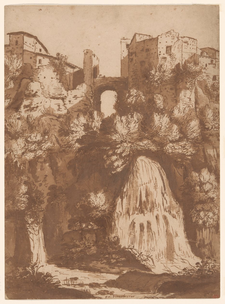 Näkymä Tivolista Anion vesiputouksen ylittävällä sillalla tekijältä Cornelis van Poelenburgh
