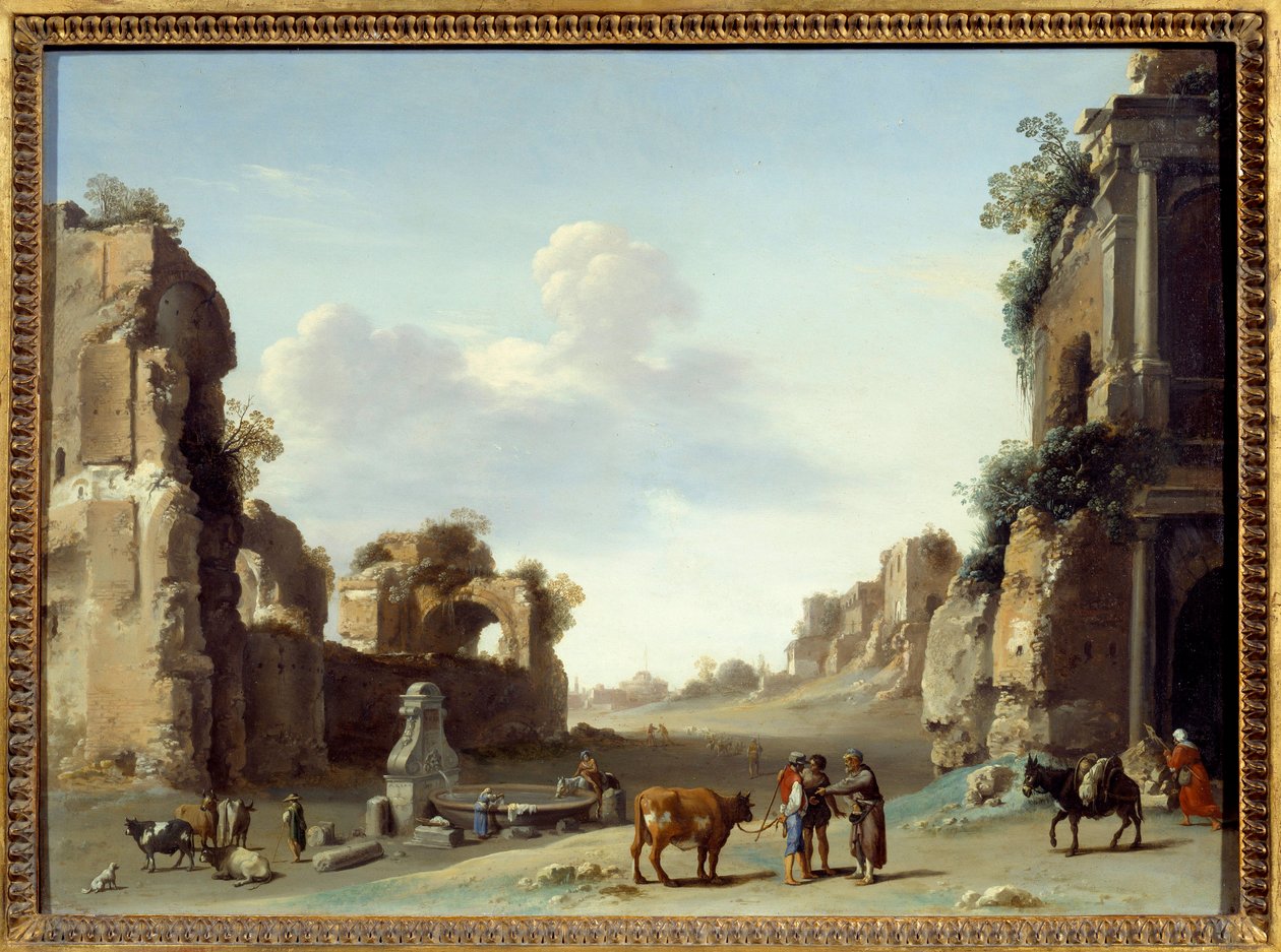 Upea näkymä Campo Vaccinolle Roomassa kahdella aasilla Cornelis van Pelenburghin maalaus (1596-1667) tekijältä Cornelis van Poelenburgh or Poelenburch