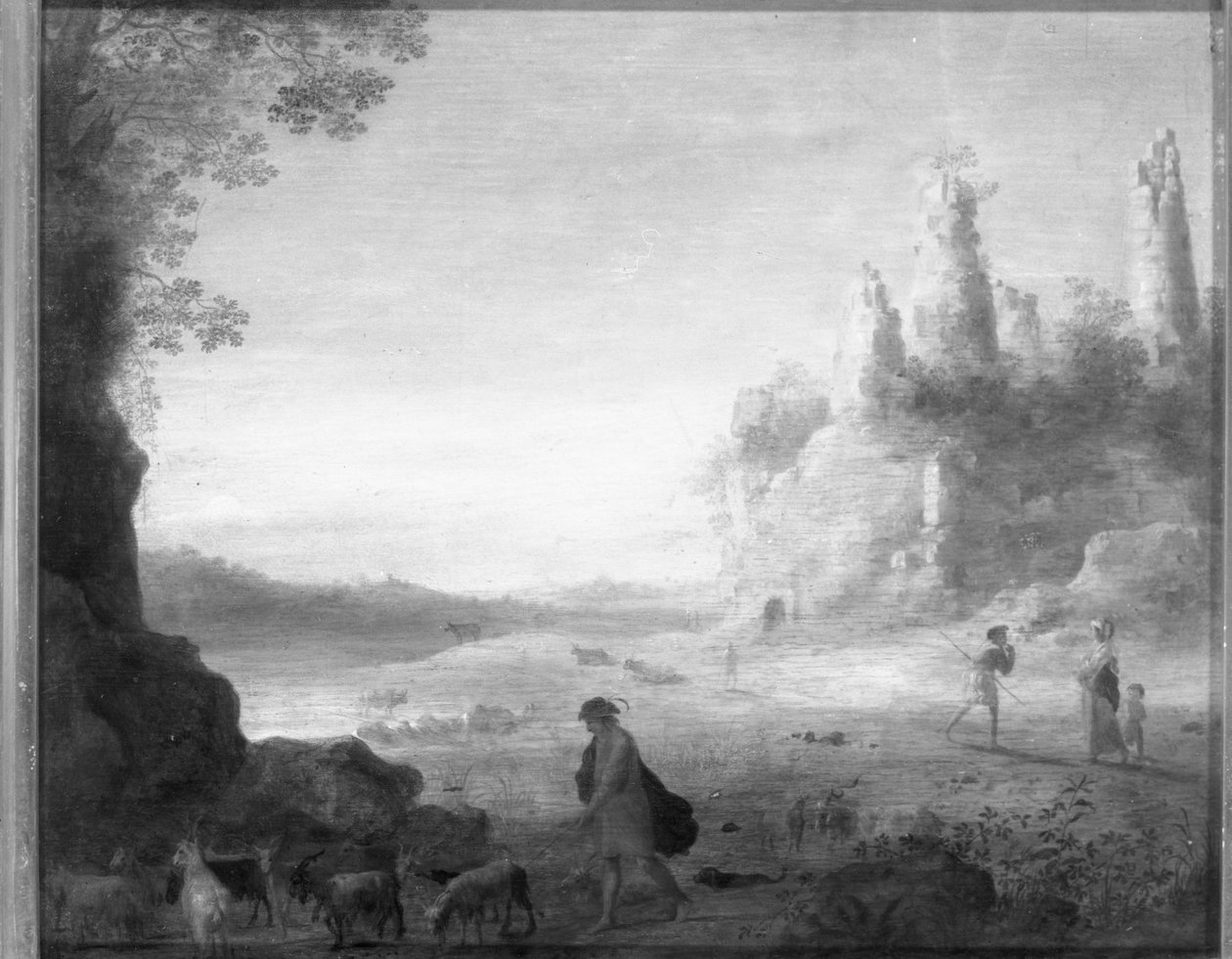 Italialainen maisema Dianan ja Calliston kanssa vuohipaimenen kanssa lähellä raunioitunutta linnaa tekijältä Cornelis van Poelenburgh or Poelenburch