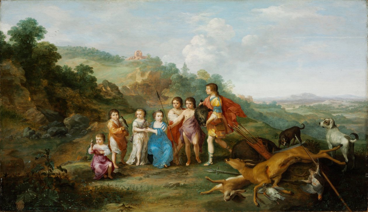 Talvikauden seitsemän lasta - Cornelis van Poelenburghin maalaus (1594 tai 1595-1667), öljy puulle (37,9x65,3 cm) tekijältä Cornelis van Poelenburgh or Poelenburch