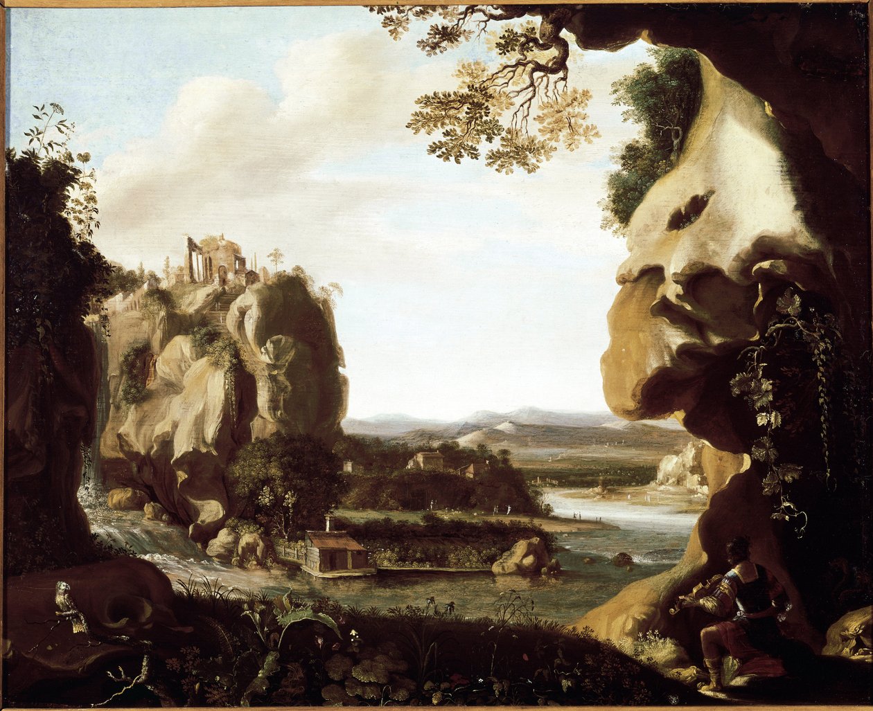 Orfee soittaa viulua helvetin sisäänkäynnillä (maalaus tekijältä Cornelis van Poelenburgh or Poelenburch
