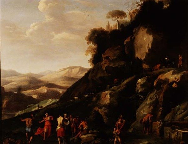 Talonpojat tanssivat maisemassa tekijältä Cornelis van Poelenburgh or Poelenburch