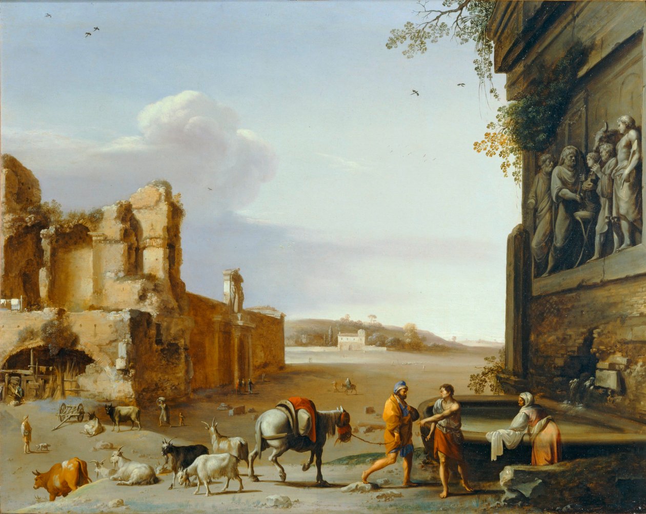 Muinaisen Rooman rauniot, joissa on Marcus Aureliuksen uhrausta esittävä basreliefi ... tekijältä Cornelis van Poelenburgh or Poelenburch