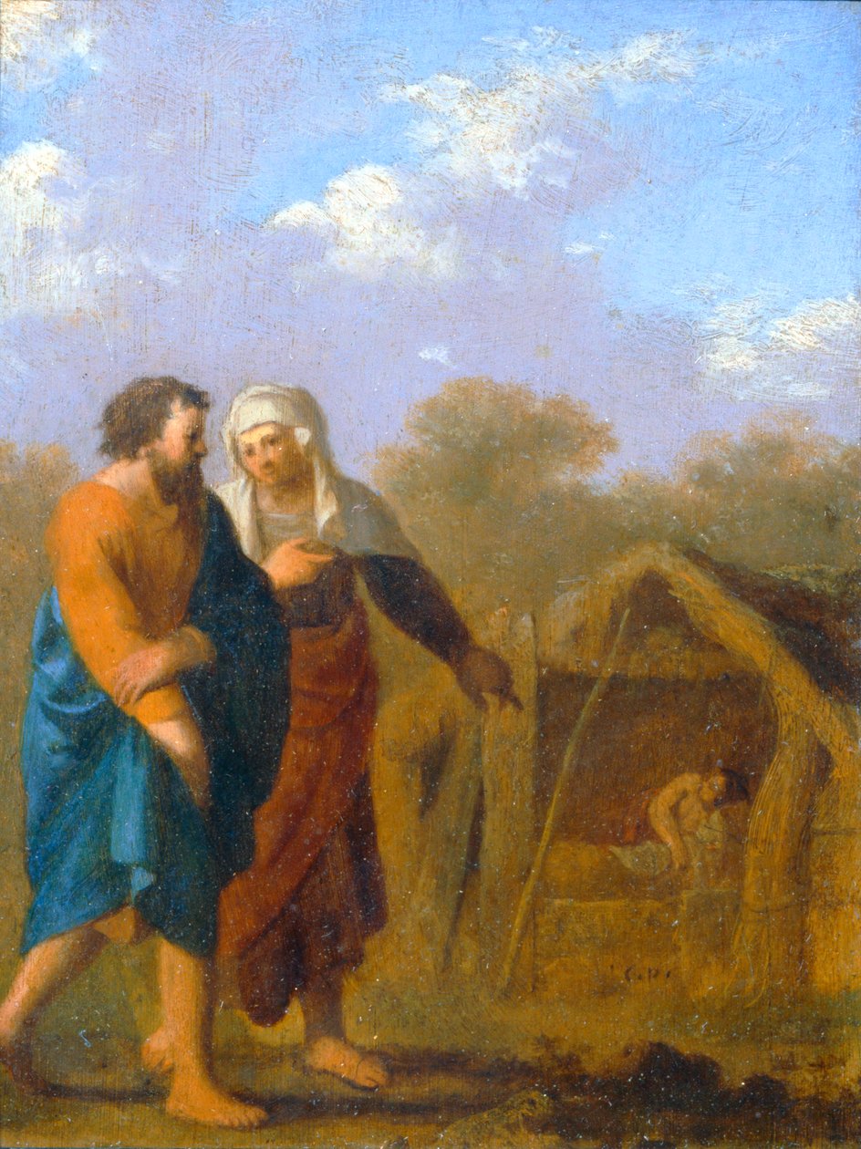 Saara pyytää Abrahamia ottamaan Hagarin toiseksi vaimokseen ... tekijältä Cornelis van Poelenburgh or Poelenburch