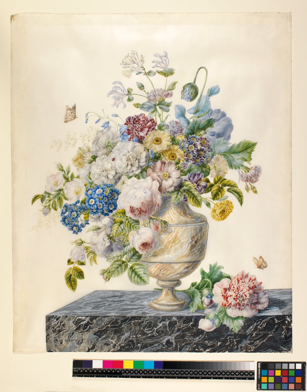 Marmorimaljakko sekakukkia marmorihyllyllä, n. 1800 tekijältä Cornelis van Spaendonck