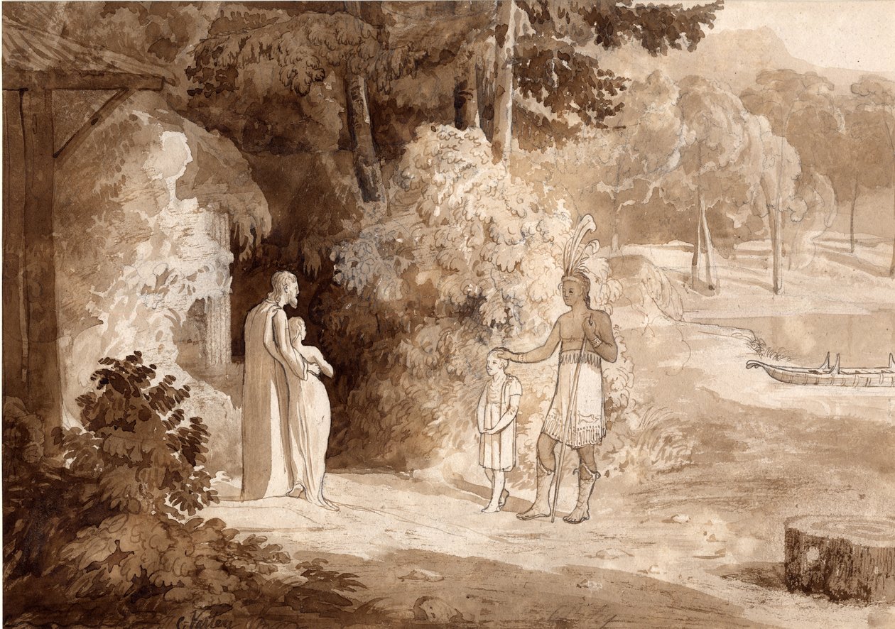Kuvitus Gertrudelle Wyomingista, 1810 (muste ja kynä paperille) tekijältä Cornelius Varley