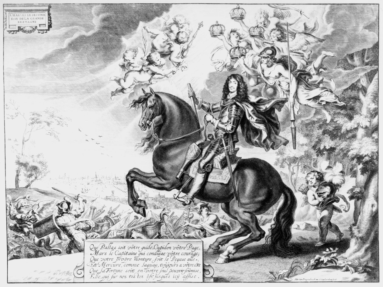 Kaarle II:n (1630-85) ratsastusmuotokuva jumalien kanssa tekijältä Cornelius van Caukercken