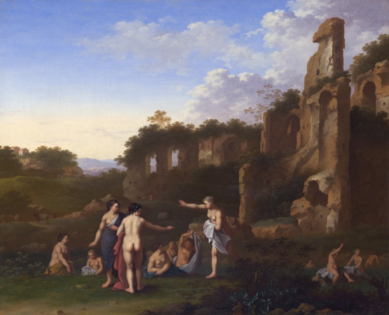 Naiset uimassa maisemassa tekijältä Cornelis van Poelenburgh or Poelenburch