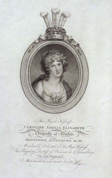 Hänen kuninkaallinen korkeutensa, Caroline Amelia Elizabeth, Walesin prinsessa (1768-1821), kaiverrettu P. Sintzenichin toimesta tekijältä Cornelius (after) Hoyer