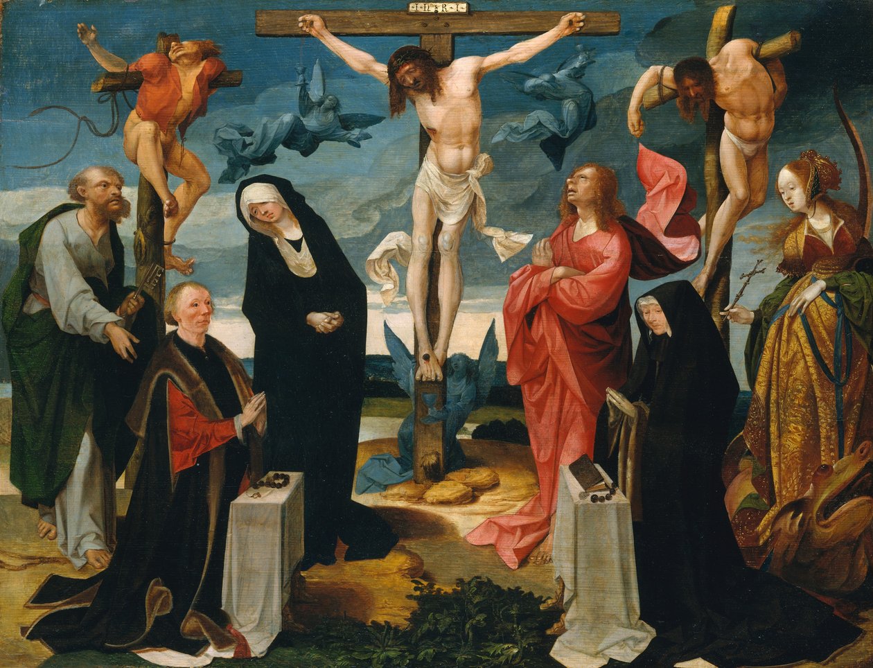 Ristiinnaulitseminen lahjoittajien ja pyhien Pietarin ja Margaretan kanssa, n. 1525-27. tekijältä Cornelius Engebrechtsz