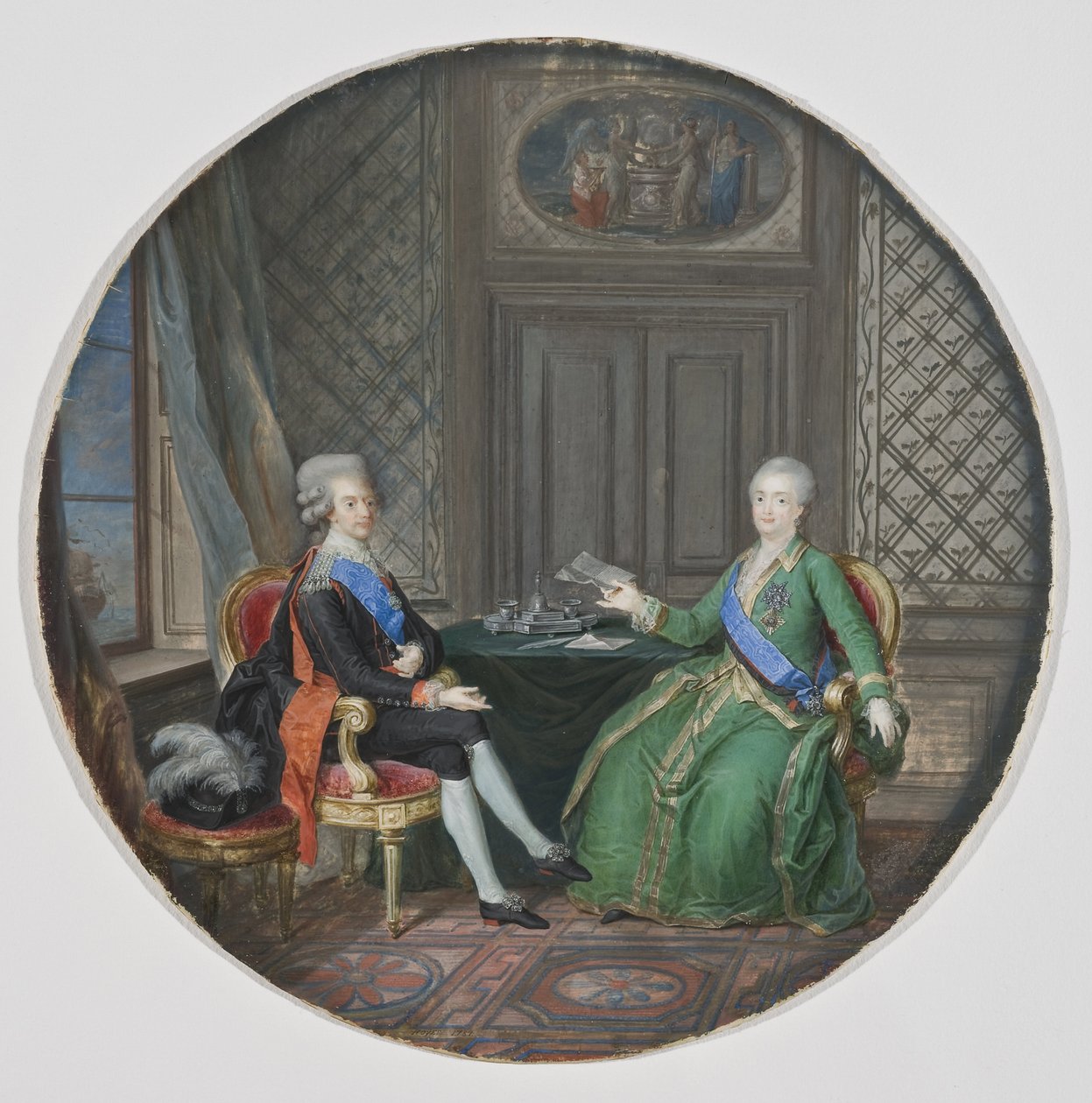Gustave III de Suède (1746-1792) ja Katariina II de Russie (1729-1796) Fredrikshamnissa (actuelle Hamina, Finlande) - Ruotsin kuningas Kustaa III ja Venäjän Katariina II Fredrikshamnissa, kirjoittanut Hoyer, Cornelius (1741-1804) . Vesiväri pergamentille tekijältä Cornelius Hoyer