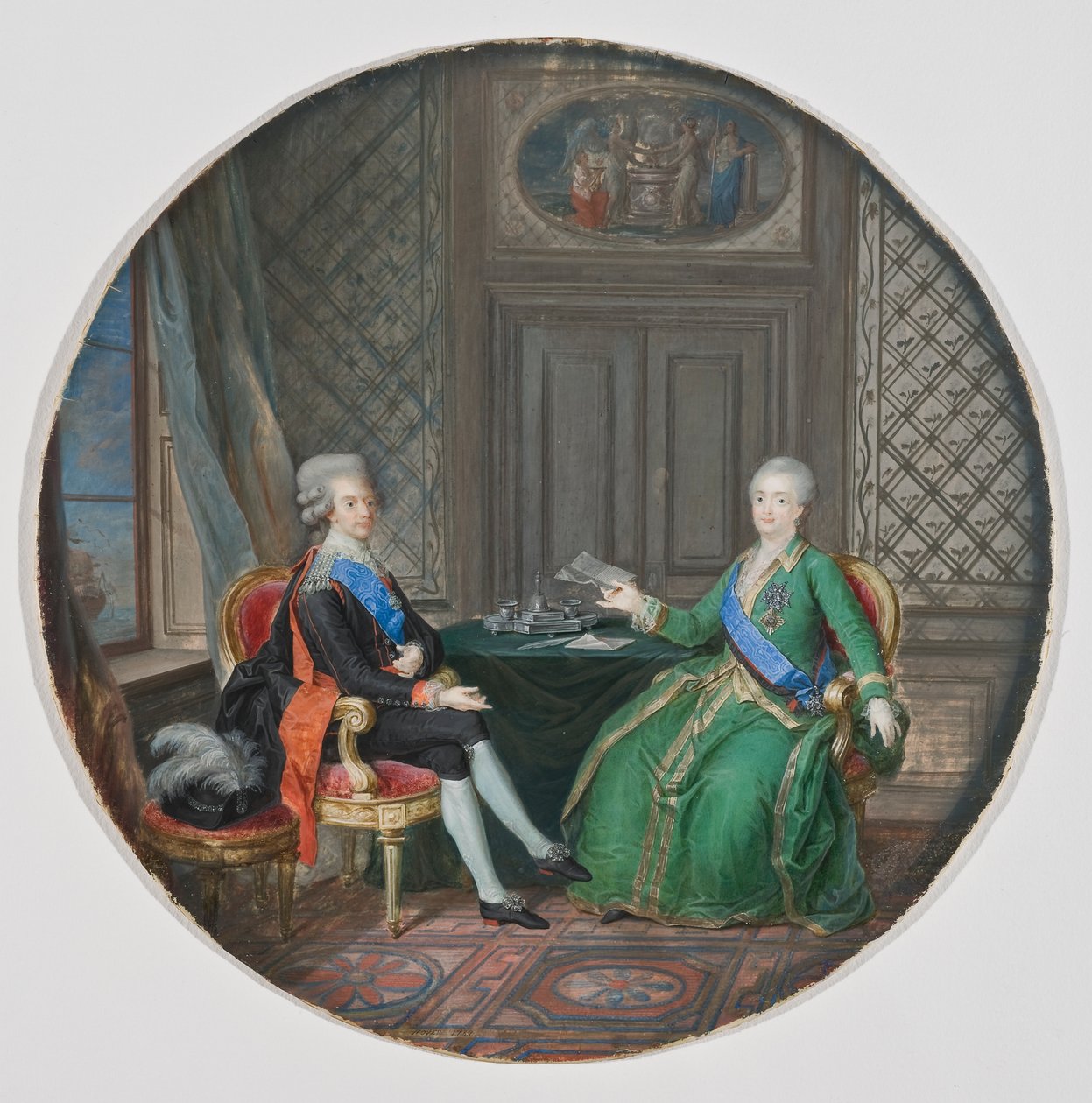 Venäjän kuningas Kustaa III ja Katariina II Fredrikshamnissa 1783 (akvarelli pergamentille) tekijältä Cornelius Hoyer