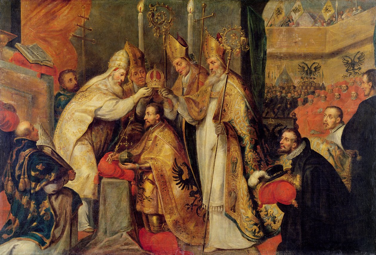 Kaarle V:n (1500-58) Pyhän Rooman keisarin kruunaus tekijältä Cornelius I Schut