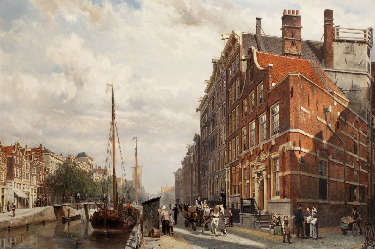 Näkymä Makelaers Comptoirista Nieuwezijds Voorburgwalilla, Amsterdam, 1883 tekijältä Cornelis Springer