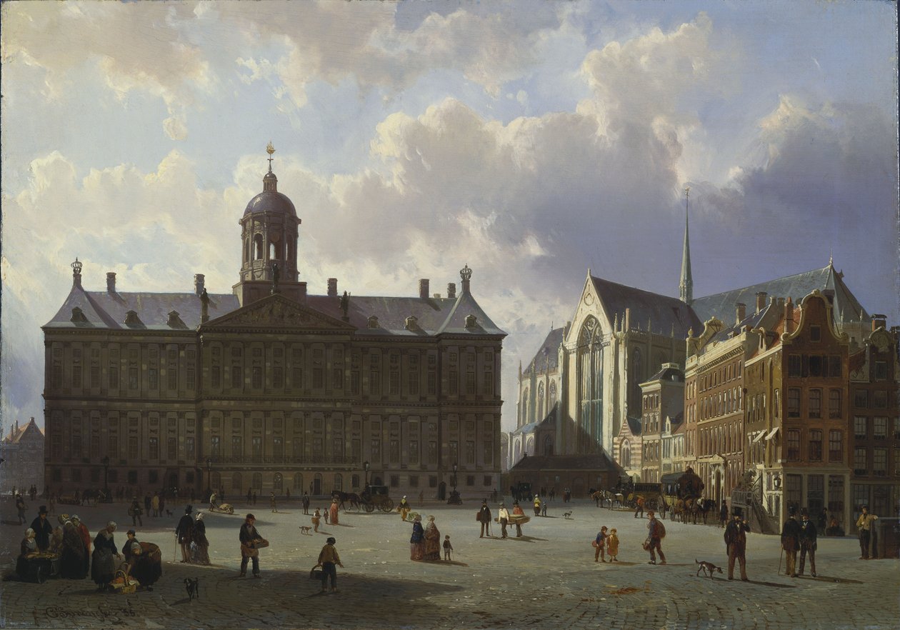 Dam-aukio ja kuninkaallinen palatsi, Amsterdam, 1855 tekijältä Cornelis Springer