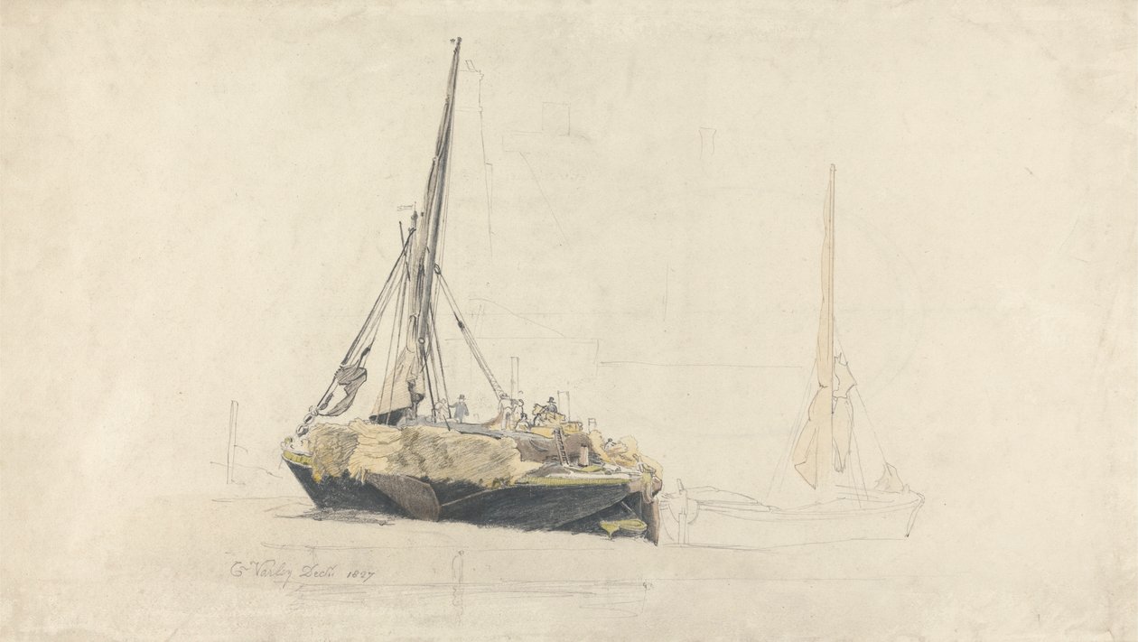 Purjeproomu lastataan heinällä, joulukuu 1827 tekijältä Cornelius Varley