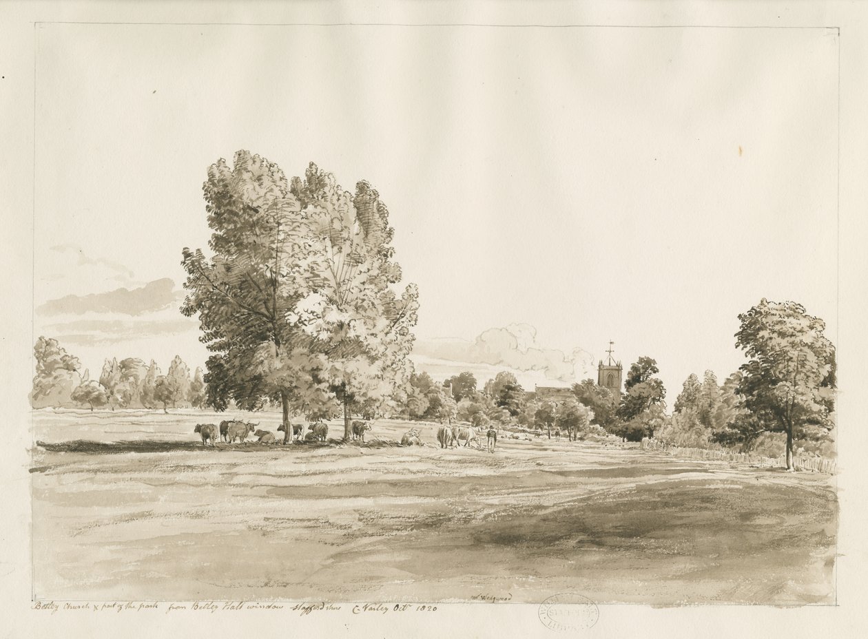 Betley Church: kynä- ja seepiapiirustus, lokakuu 1820 (piirustus) tekijältä Cornelius Varley