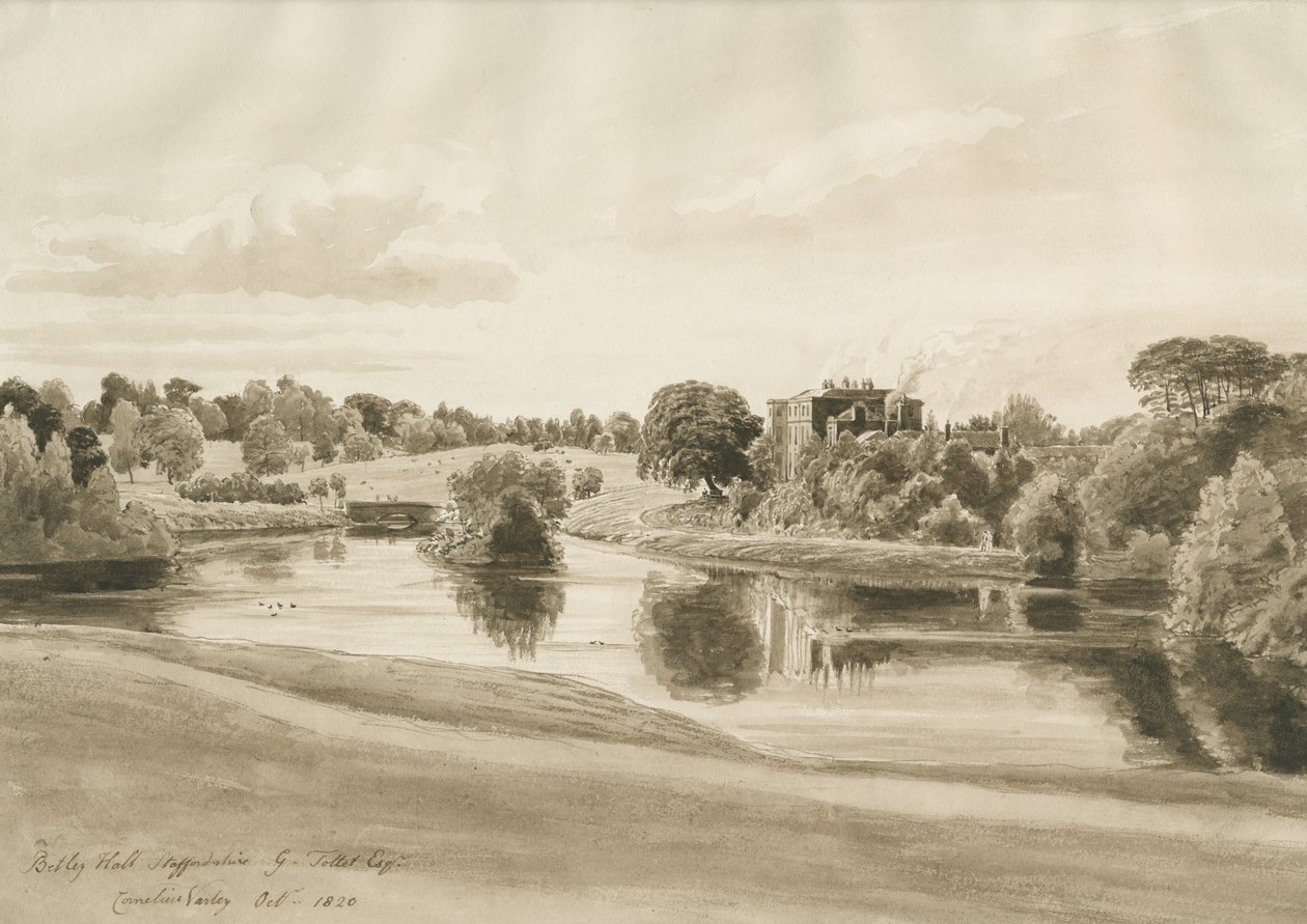 Betley Hall: seepiapesupiirustus, lokakuu 1820 tekijältä Cornelius Varley