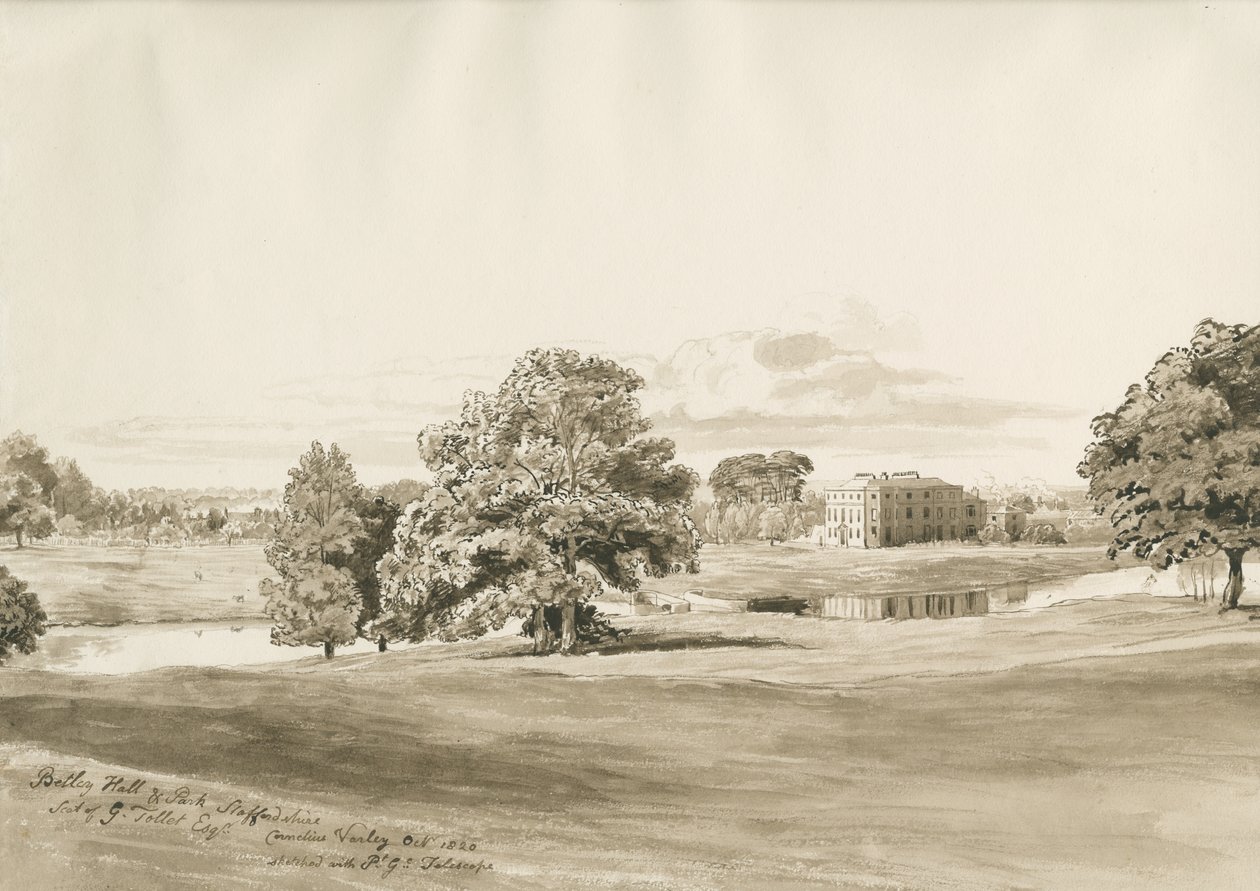 Betley Hall: seepiapesupiirustus, lokakuu 1820 tekijältä Cornelius Varley