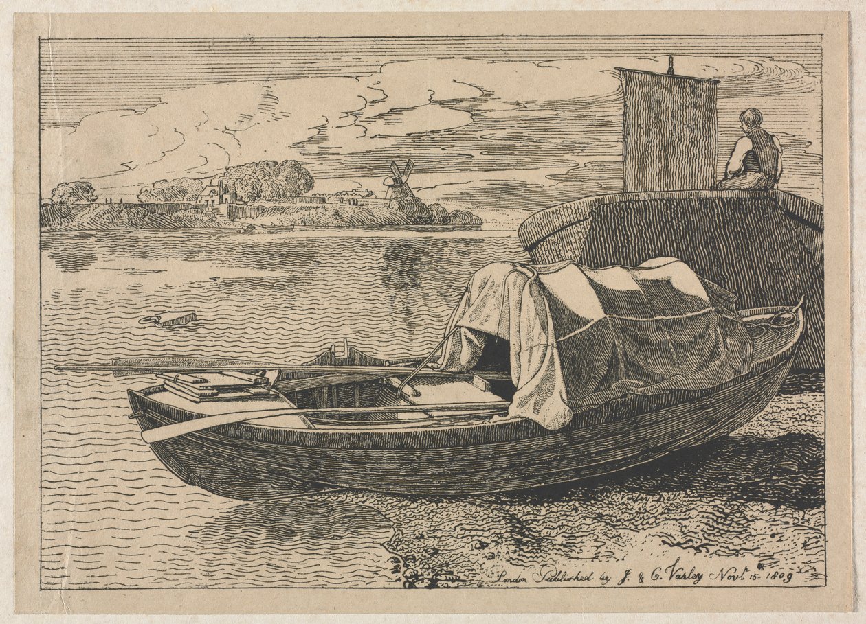 Veneitä joella, Tuulimylly kaukana, 1809. tekijältä Cornelius Varley