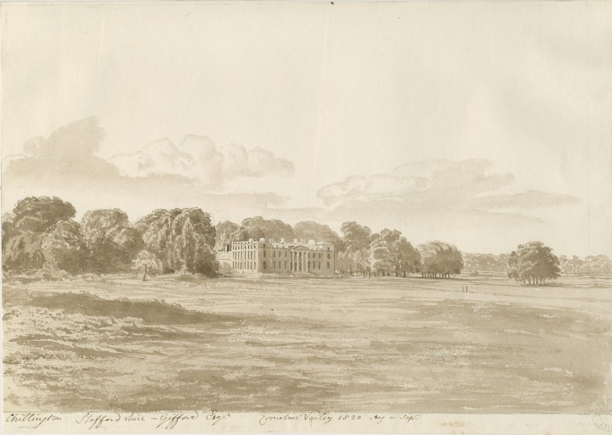Chillington Hall: seepiapiirros tekijältä Cornelius Varley