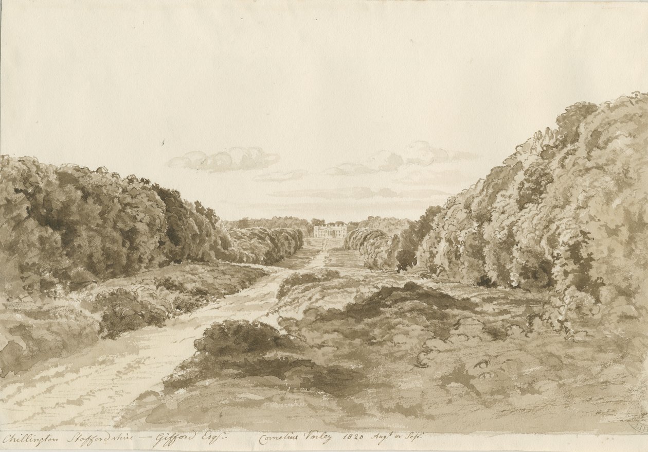 Chillington Hall: seepiapiirustus, 1820 tekijältä Cornelius Varley