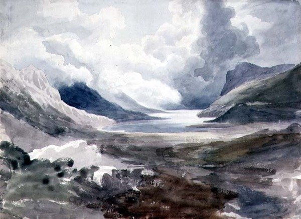 Llyn Gwynant, Pohjois-Wales (akvarelli paperille) tekijältä Cornelius Varley
