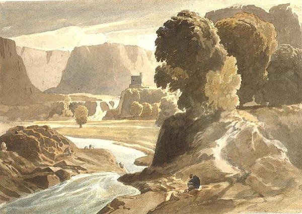 PD.4-1967 Vuoristomaisema, jossa on linna (mahdollisesti näkymä Walesissa), noin 1802-3 (vesiväri ja lyijykynä paperille) tekijältä Cornelius Varley