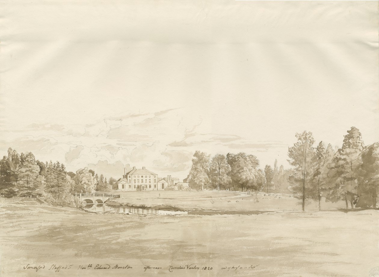 Somerford Hall: seepiapiirustus tekijältä Cornelius Varley