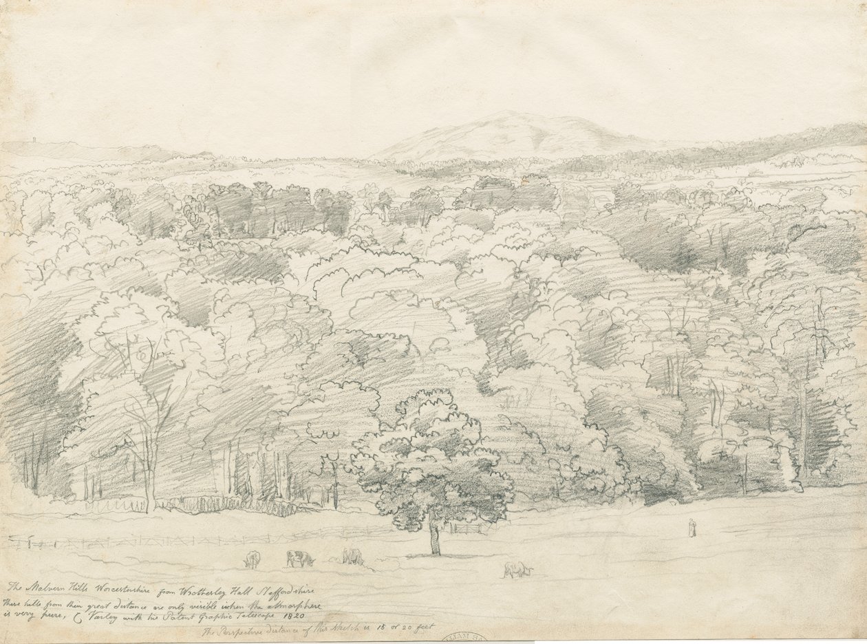 Wrottesley Hall - Näkymä Malvern Hillsille: lyijykynäpiirros, 1820 tekijältä Cornelius Varley