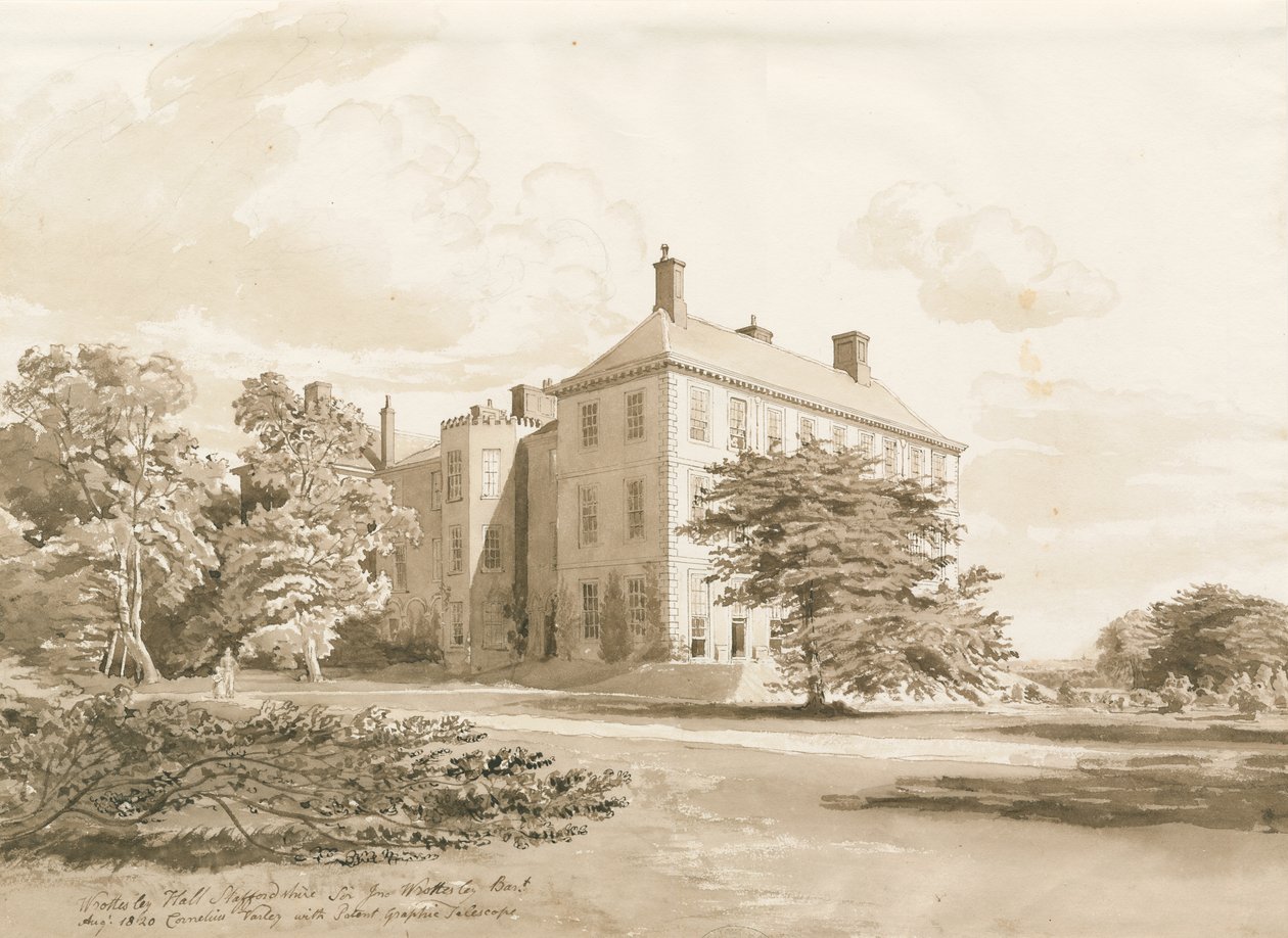 Wrottesley Hall: seepiapiirustus, elokuu 1820 tekijältä Cornelius Varley