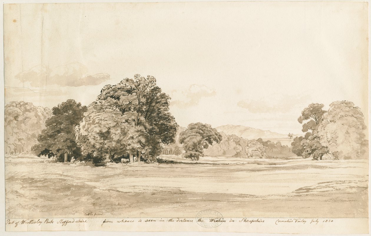 Wrottesley Park: seepiapiirustus, heinäkuu 1820 tekijältä Cornelius Varley