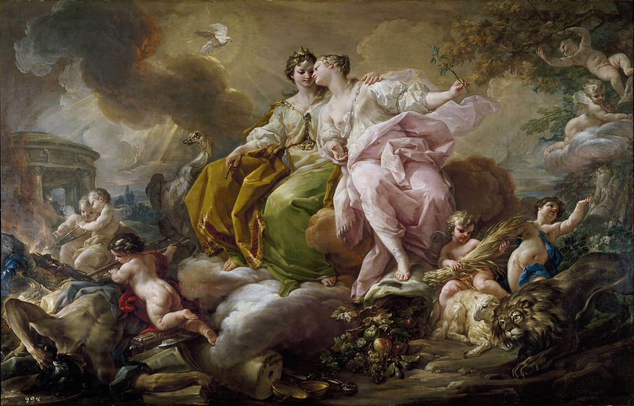 Oikeus ja rauha - Corrado Giaquinto (1703-1766) maalaus - n. 1754 - Öljy kankaalle - 216x325 cm - Rokokootaide - Museo del Prado, Madrid tekijältä Corrado Giacquinto