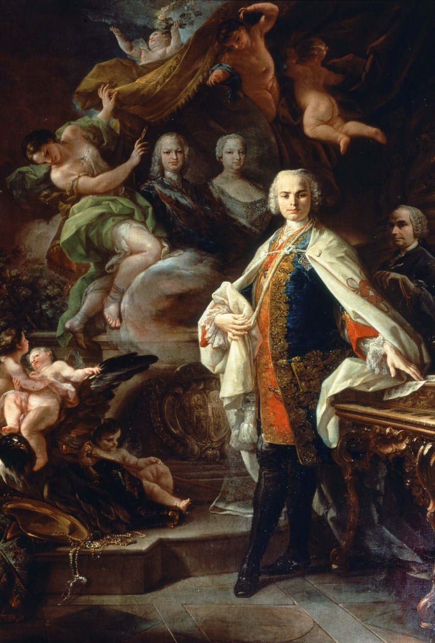 Italialainen kastraatti Carlo Farinelli (Carlo Broschi, toim.; 1705 - 1782), Espanjan Philip II:n hovissa, yllään Calatravan ritarikunnan valkoinen takki. Corrado Giaquinto (1703-1766) maalaus, Bibliografisen musiikin museo, Bologna. tekijältä Corrado Giaquinto