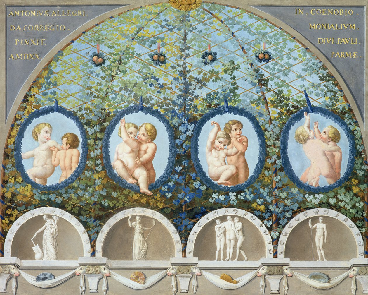 Suunnitelma kattofreskoa varten, julkaistu noin 1780 (guassi, muste ja wc syövytetylle alustalle) (ks. myös 192025-027). tekijältä Antonio da Correggio
