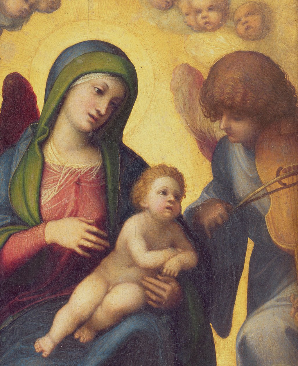 Madonna ja lapsi enkelien kanssa n. 1510-15 öljy paneelin yksityiskohdassa 50256 tekijältä Antonio da Correggio