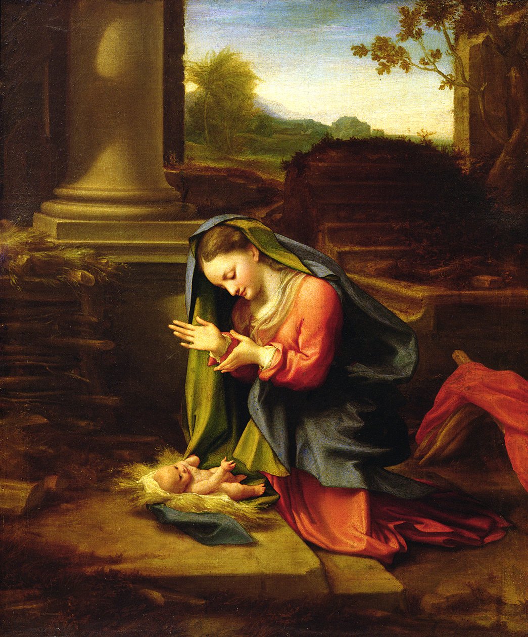 Neitsyt Marian palvonta lasta, n. 1518-20 tekijältä Antonio da Correggio