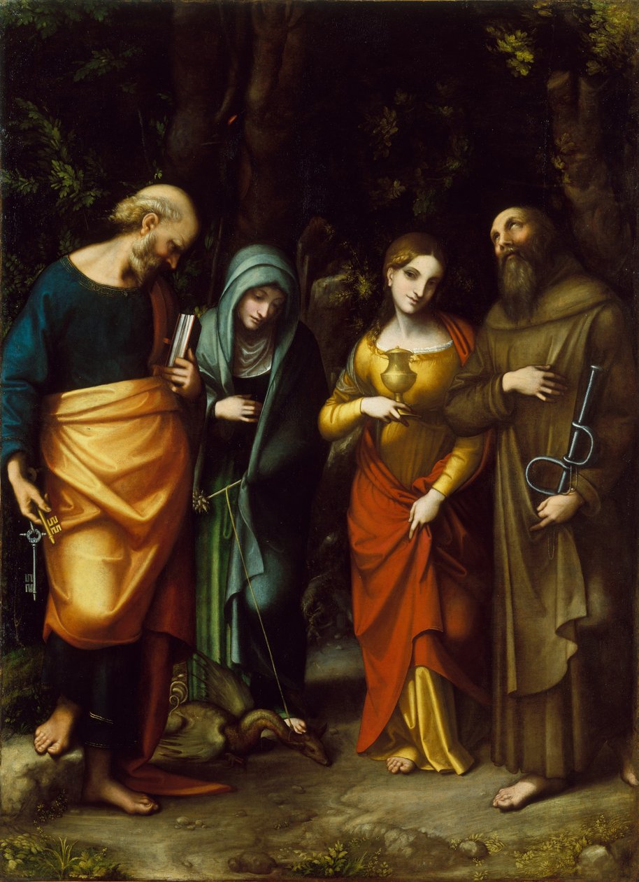 Pyhät Pietari, Martta, Maria Magdaleena ja Leonardus, noin 1515-7. tekijältä Antonio da Correggio