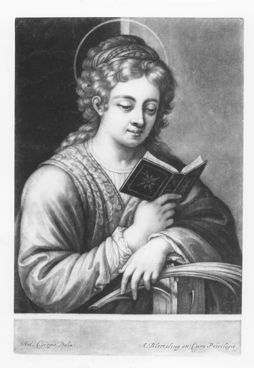 St. Catherine, kaiverrus Abraham Blooteling (1640-90) 1684 tekijältä Antonio da Correggio