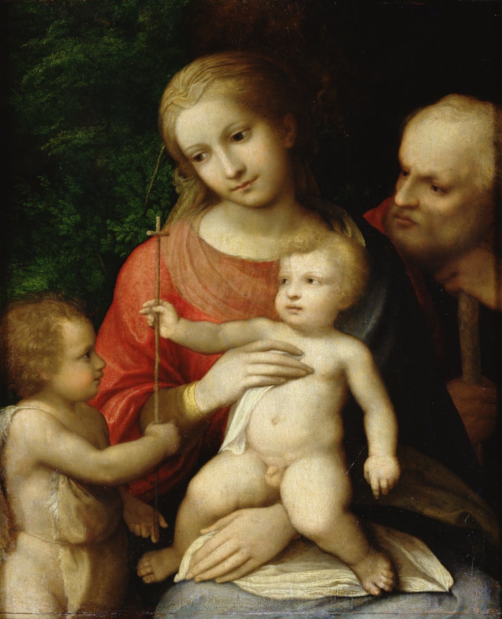 Neitsyt ja lapsi Pyhän Johannes Kastajan ja Pyhän Joosefin ympäröimänä, 1517 (öljy puulle) tekijältä Antonio da Correggio