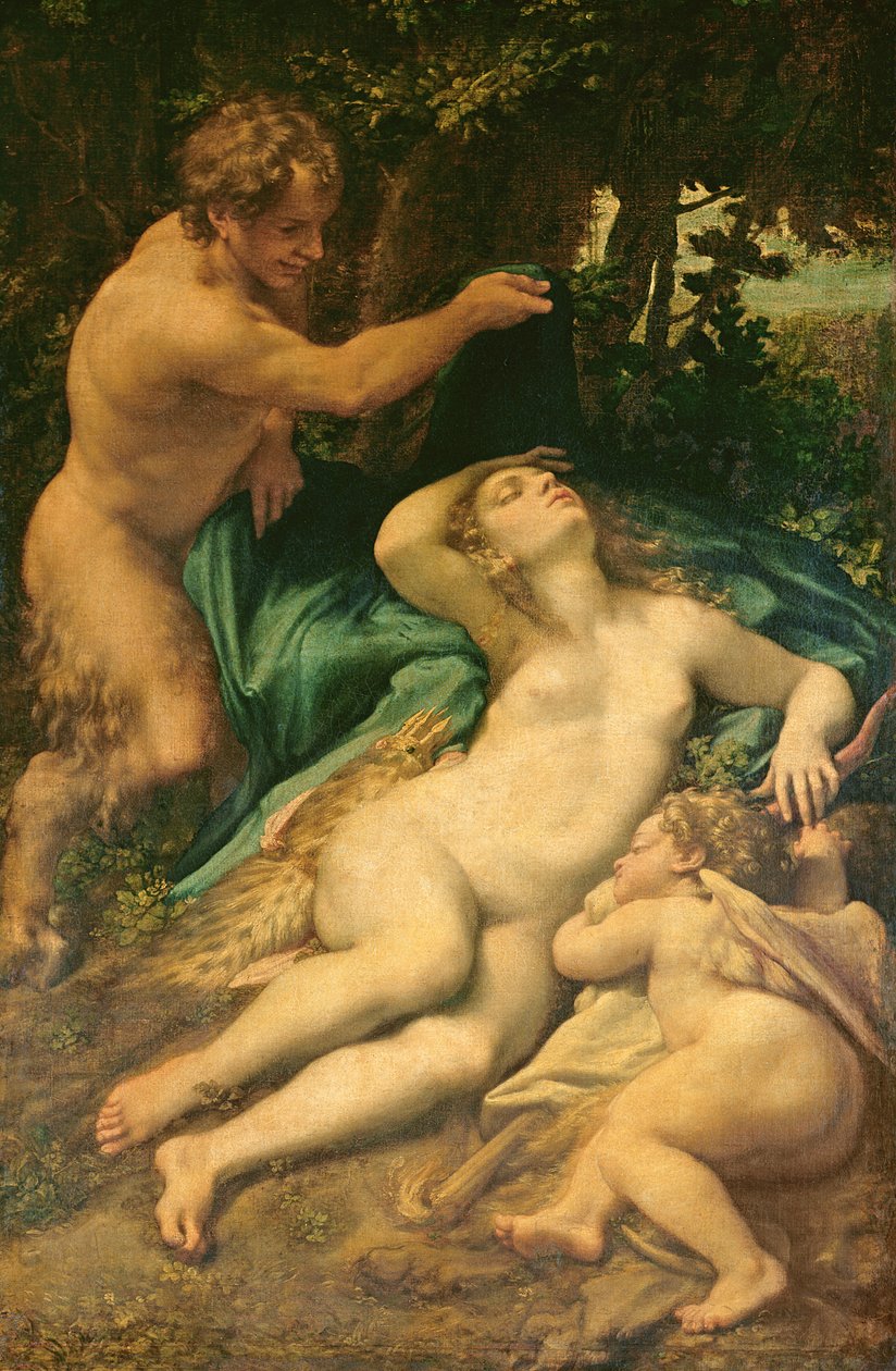 Venus, Satyr ja Cupid, 1528 tekijältä Antonio da Correggio
