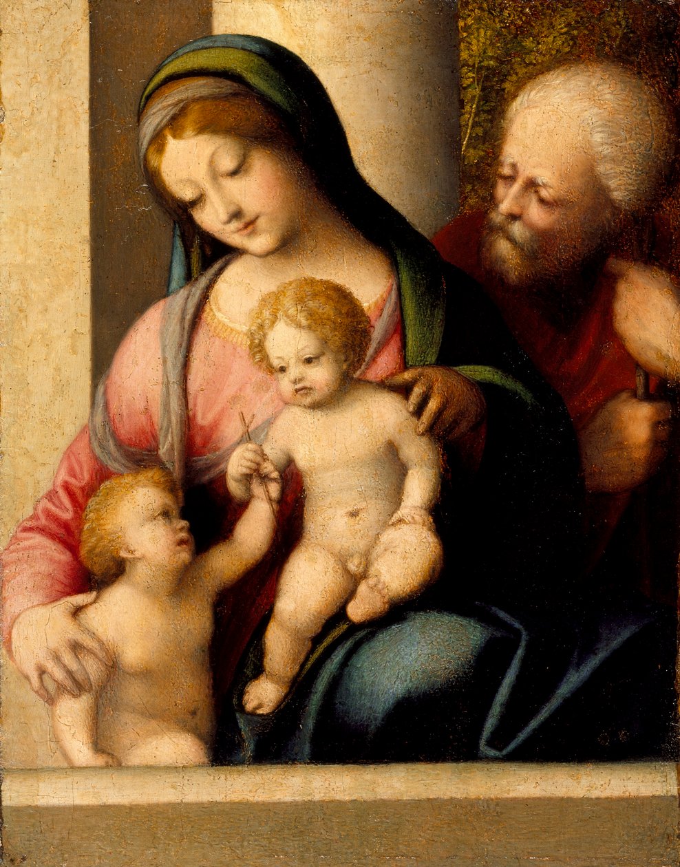 Pyhä perhe ja pikkulapsi Pyhä Johannes Kastaja, n. 1515 tekijältä Antonio da Correggio