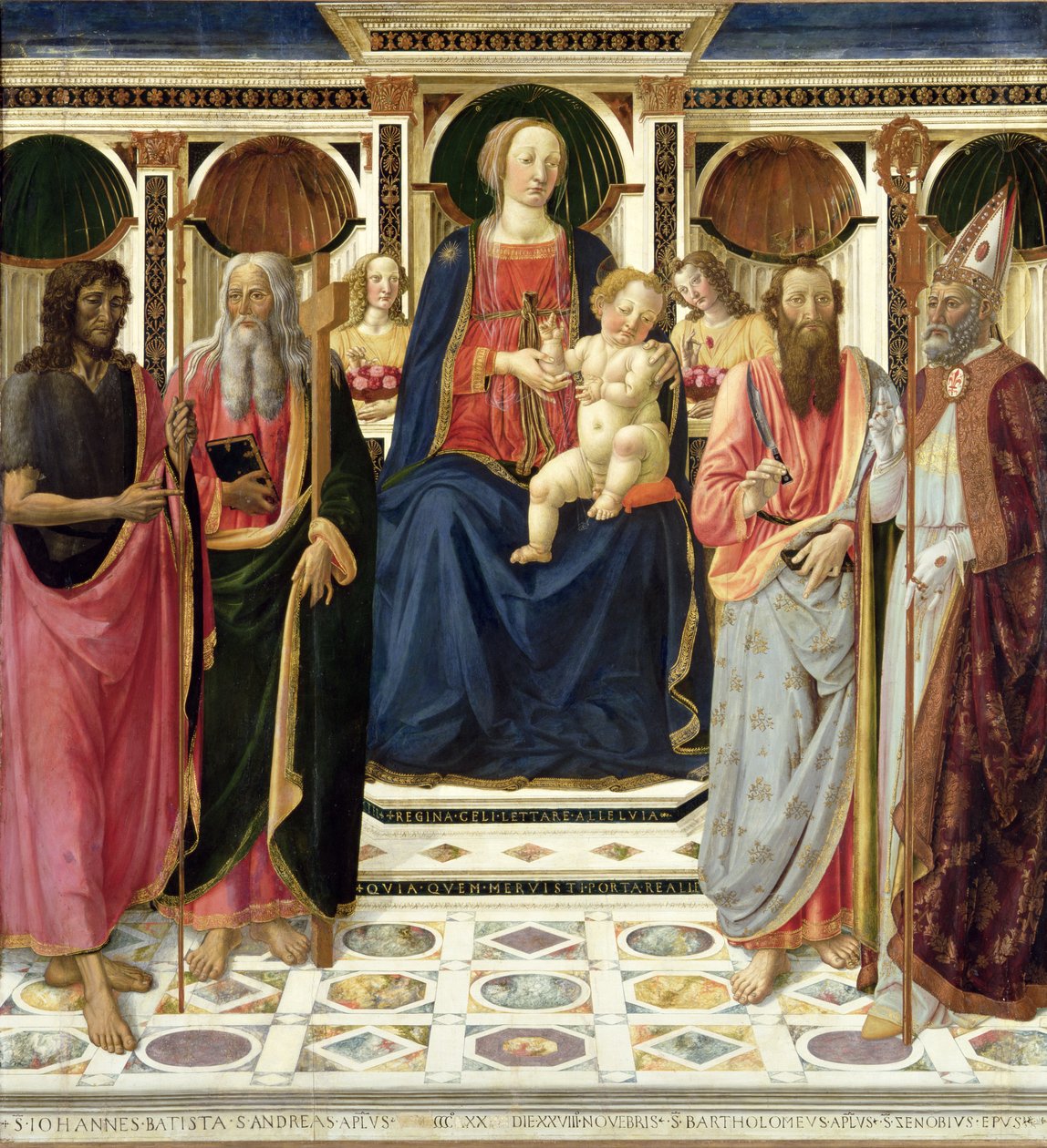 Neitsyt ja lapsi SS:n kanssa. Johannes Kastaja, Andreas, Bartolomeus ja Zenobius, n. 1478 (tempera kultaa taulussa) tekijältä Cosimo Rosselli