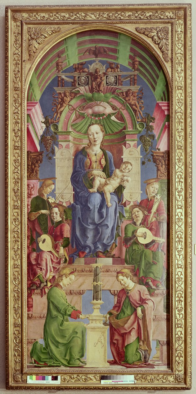 Neitsyt ja lapsi valtaistuimella, 1470-luvun puoliväli (öljy ja muna temperalla poppelille). tekijältä Cosimo Tura