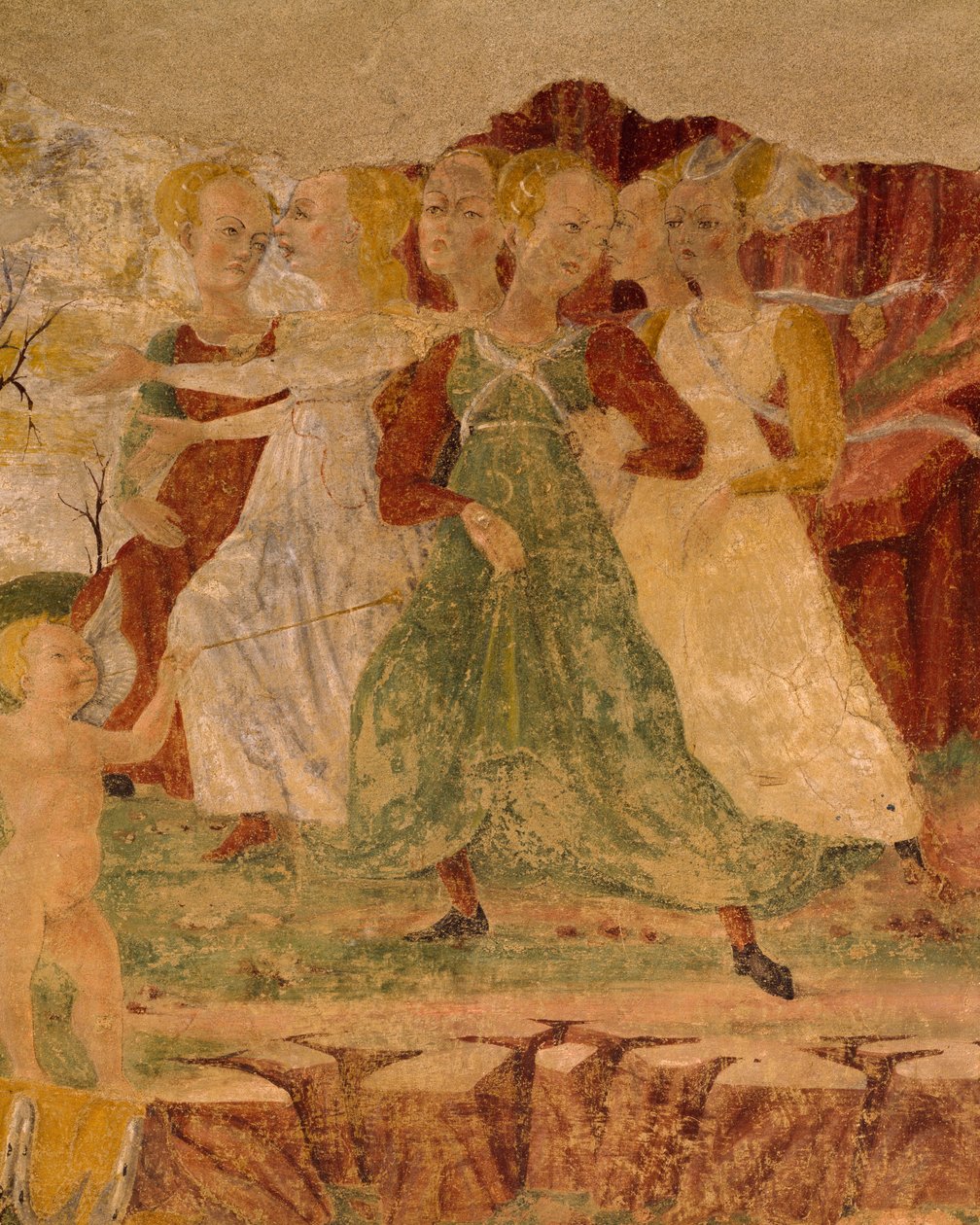 Proserpinen piikojen epätoivo, yksityiskohta Triumph of Ceresista, kohtaus elokuusta, Cosimo Tura ja Ercolen mestari, fresko, pohjoisseinä, Kuukausien sali, Palazzo Schifanoia (Ilon palatsi), Ferrara, Italia, noin 1470 tekijältä Cosimo (attr. to) Tura