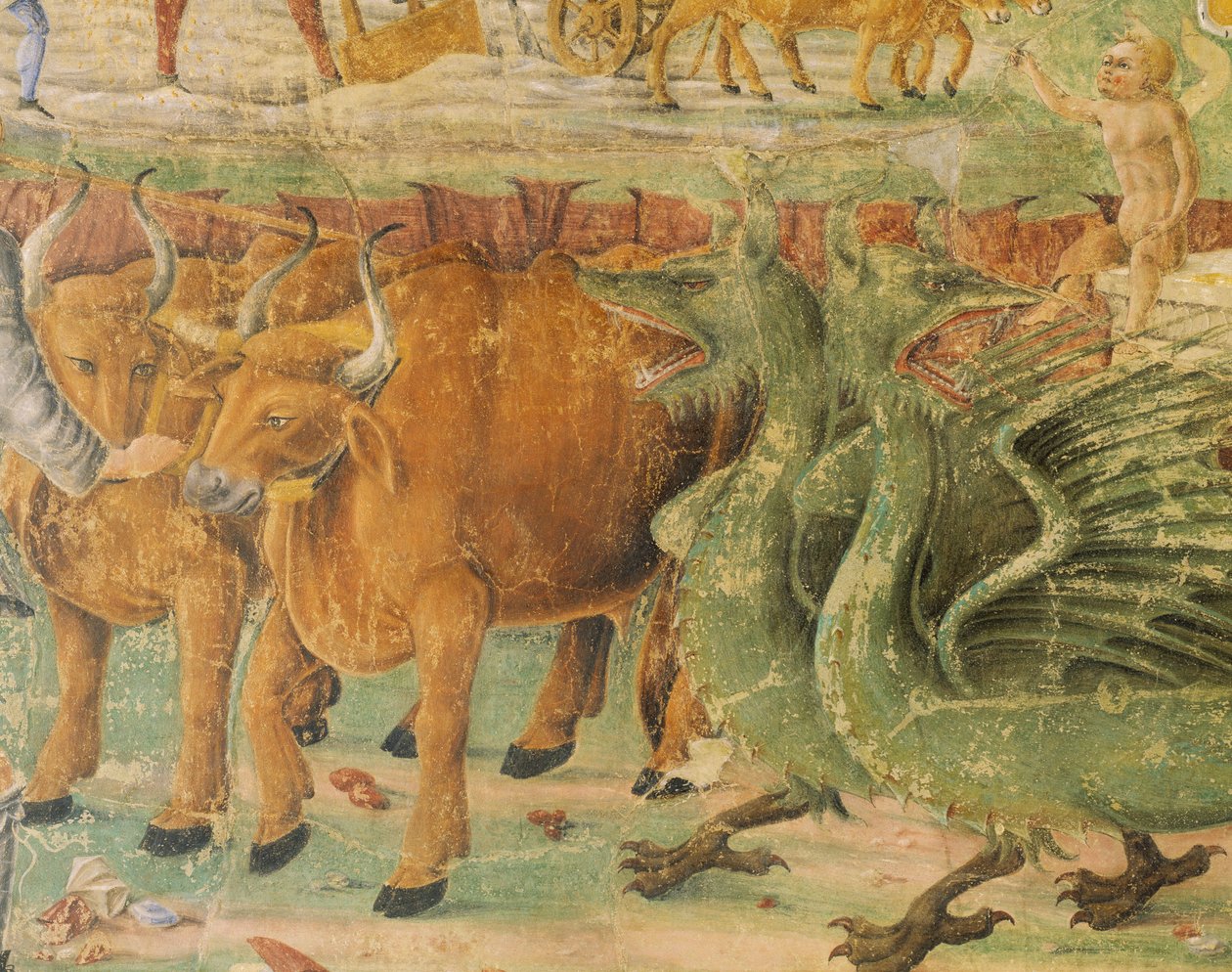 Lohikäärmeitä ja kuvia maaseutuelämästä, yksityiskohta Ceresin voitosta, kohtaus Elokuusta, Cosimo Tura (noin 1430-1495) ja Ercolen mestari, fresko, pohjoisseinä, Kuukausien sali, Palazzo Schifanoia (Ilon palatsi) , Ferrara, Italia, noin 1470 tekijältä Cosimo (attr. to) Tura