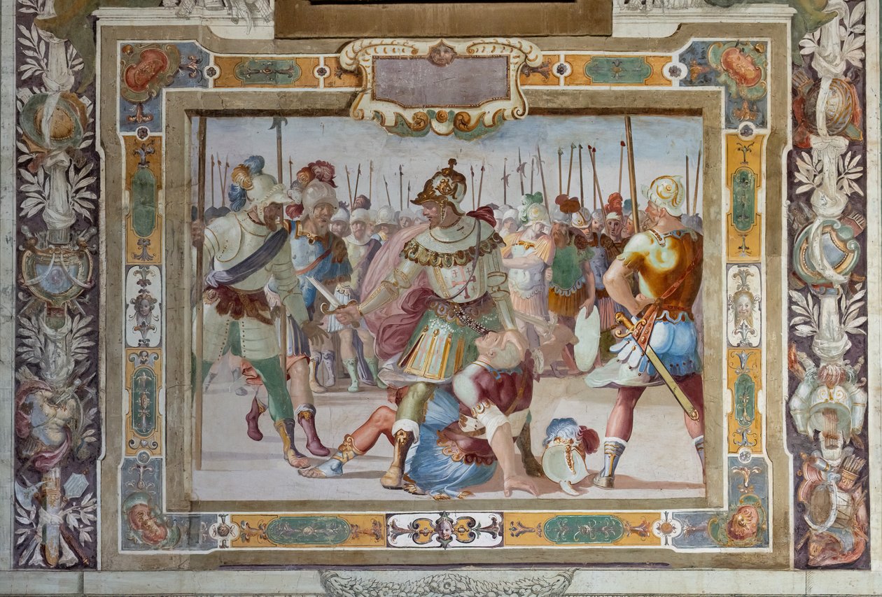 Taistelukohtaus Godfrey of Bouillonin asiakirjoista Jerusalemin valtauksen yhteydessä, noin 1589-94 (fresko). tekijältä Cosimo Daddi