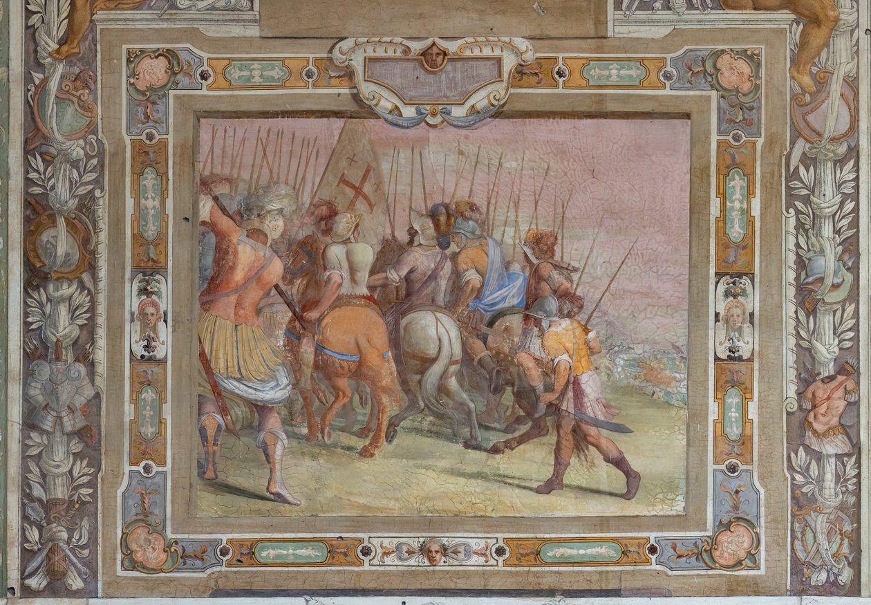 Taistelukohtaus Godfrey of Bouillonin asiakirjoista Jerusalemin valtauksen yhteydessä, noin 1589-94 (fresko). tekijältä Cosimo Daddi