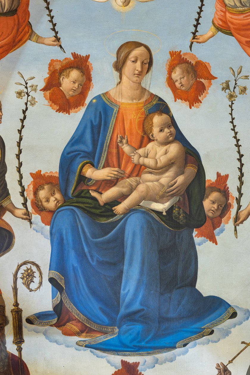 Madonna lapsen kanssa kunniassa, pyhä Ambrose, pyhä Franciscus Assisilainen, Isä Jumala ja enkelit, alttaritaulu, yksityiskohta (fresko) tekijältä Cosimo Rosselli