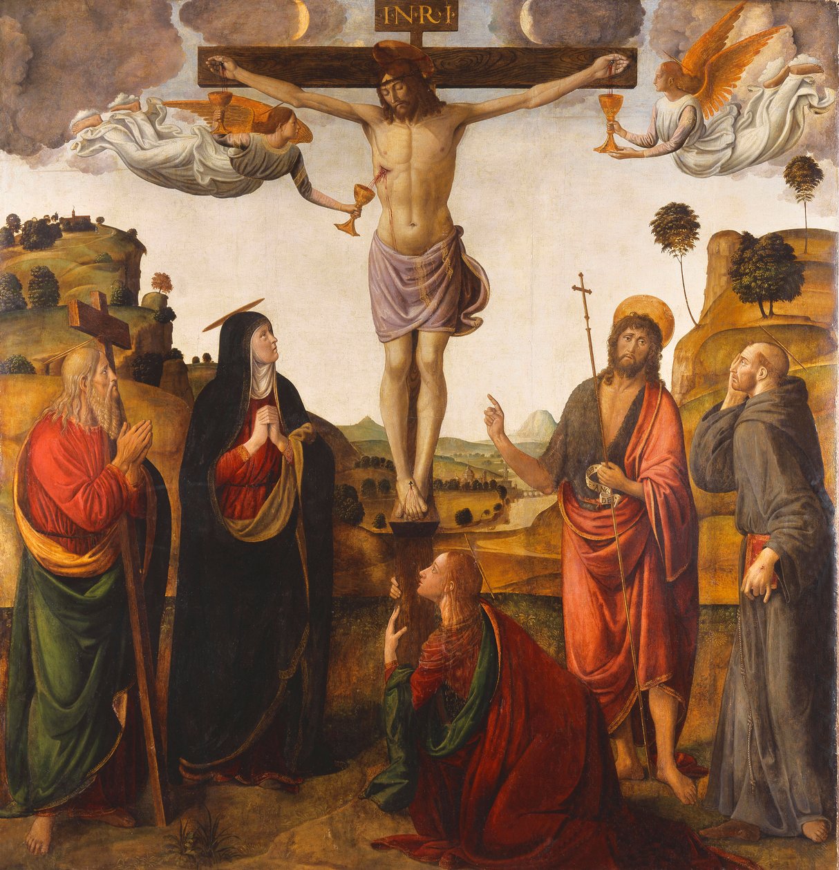 Ristiinnaulitseminen Madonnan, pyhien Johannes Kastajan, Magdalan Marian, Andreaksen ja Franciscuksen kanssa, 1503 tekijältä Cosimo Rosselli